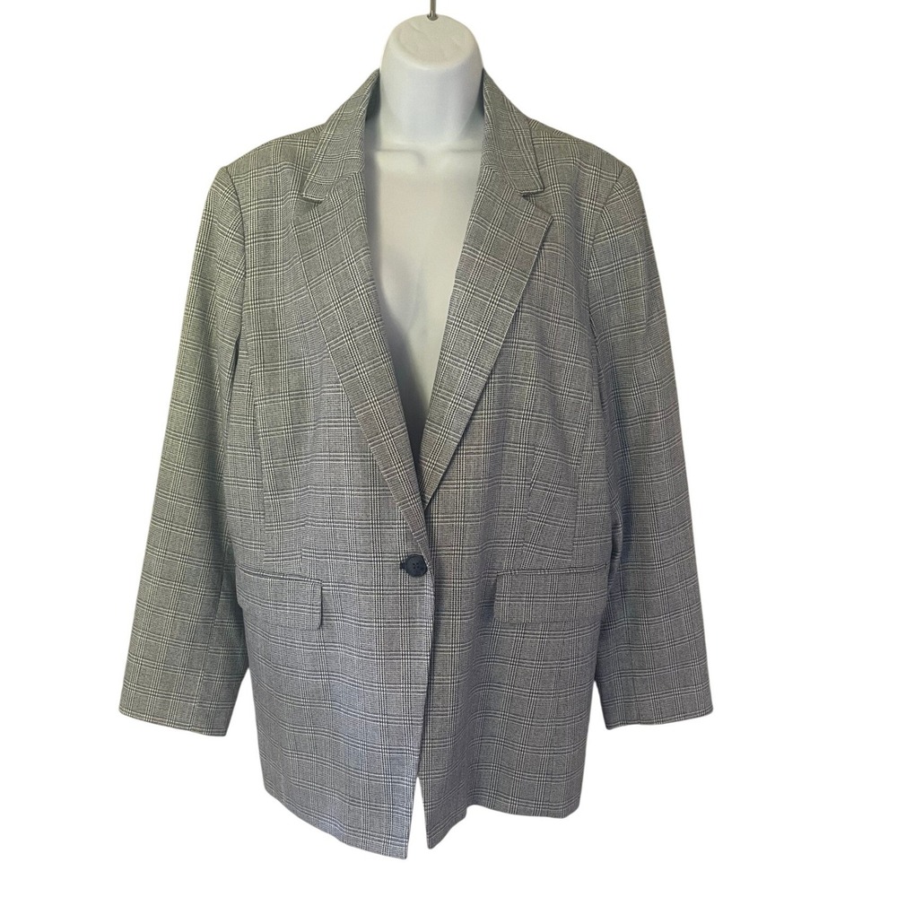 Talbots Womens Grey Glen Plaid Single Button Blazer Jacket Size 16 Professional